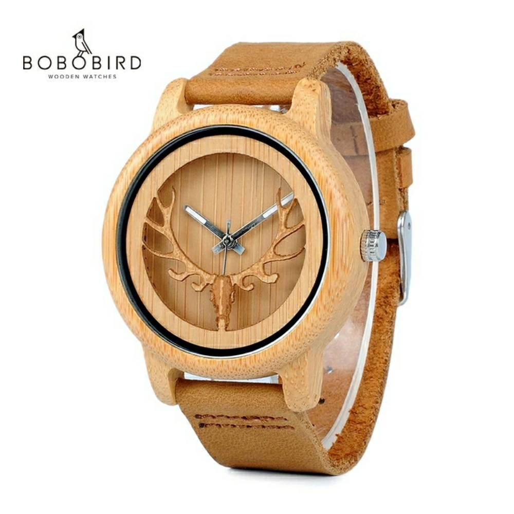 Men's Genuine Bamboo Carved Hollow Deer Head Watch